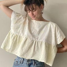 Cropped babydoll top made from up-cycled fabrics and naturally dyed with flowers. Diy Babydoll Top, Diy Babydoll, Apron Sewing, Apron Sewing Pattern, Altered Couture, Sewing Aprons, Yellow Ties, Upcycled Clothing, Top Sewing Pattern