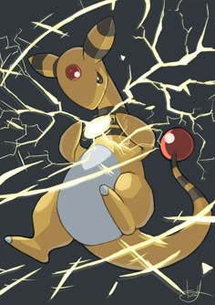 a cartoon kangaroo with an apple in its mouth and lightning coming through the ground behind it