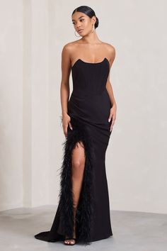 Say Yes Black Corset Maxi Dress With Split Feather Skirt – Club L London - USA Long Split Skirt, Corset Maxi Dress, Faux Feathers, Curved Neckline, Feather Skirt, Dress With Split, Black Dress Prom, Fishtail Skirt, Black Tie Gala