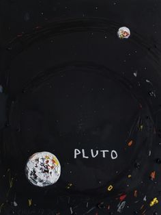 an abstract painting with the word pluto written in white ink on a black background, surrounded by confetti and sprinkles