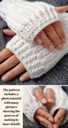 a woman's hands with white crocheted gloves and text that reads the pattern includes