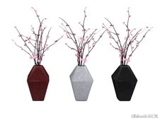 three vases with pink flowers in them on a white background, one is red and the other two are black