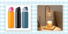 three different types of items are shown in this collage, one is a lamp and the other two are candles