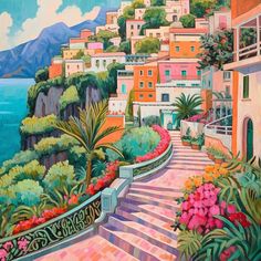 a painting of stairs leading up to the beach with flowers and buildings in the background