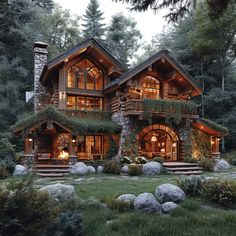 a large log home in the woods with lots of greenery on it's roof