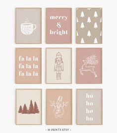 six framed christmas cards in different colors and designs, with the words merry and bright on them