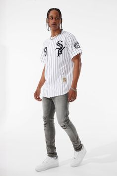 Button up baseball jersey silhouette Stitched graphics on front back and left sleeve Premium quality 250GSM jersey Buttery soft hand feel 🧈 100% Polyester Wash inside out gently with cold water and line dry *Cozy is 6'1" and weighs 170 lbs. He is wearing our Windy City Baseball Jersey (Size Large) in White RE2047TY Sporty White T-shirt With Baseball Collar, White Sporty T-shirt With Baseball Collar, White Crew Neck College Jersey, White Varsity Baseball Jersey, White Baseball Collar Cotton Jersey, White Short Sleeve Jersey For Streetwear, Urban White Tops For Sports Events, Urban Style White Tops For Sports Events, White Short Sleeve Casual Jersey