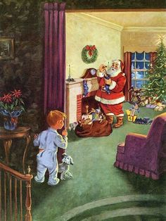 a painting of santa claus in the living room with his little boy looking at him