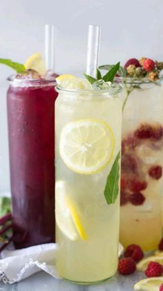 two glasses filled with lemonade and raspberry iced tea