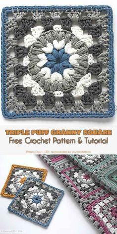 crochet granny square pattern with text that reads triple puff granny square free crochet pattern and video