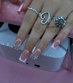 Nail Ideas Gems Rhinestones, Pink And Silver Nail Designs, Nail With Gems, Nail Ideas With Gems, Pink And Silver Nails, Hard Nails, Drip Nails