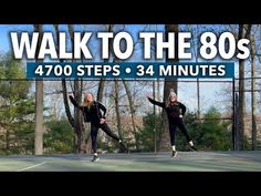 two women on a tennis court with the words walk to the 80's