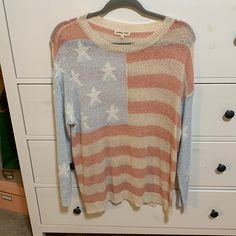 Gorgeous American Flag Sweater! Never Worn! Size S Spring Americana Long Sleeve Tops, Spring Flag Print Long Sleeve Tops, Long Sleeve Tops With Flag Print For Spring, Spring Long Sleeve Tops With Flag Print, Americana Long Sleeve Sweater For Fall, Fall Flag Print Long Sleeve Sweater, Long Sleeve Americana Sweater For Fall, Americana Long Sleeve Tops With American Flag Print, American Flag Print Long Sleeve Top For Spring