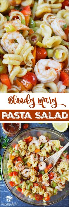 pasta salad with shrimp and vegetables in it