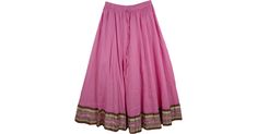 Solid Pink Brocade Border Skirt - A plain cotton contemporary pull-on skirt in charmed pink with a golden bronze tapestry ribbon. Comfortable fit and midi length give it a modern dressy look. Cinched full skirt boasts a beautiful hem that glistens with every movement. Gathers through a fully elastic waistband for subtle fullness. Wear it with golden or bronze sequined top to create an urban party look.  Length: 35" ; Waist: 26" - 38" (Elastic with drawstring); Material: Cotton (with half lining) Traditional Pink Skirt For Summer, Traditional Pink Summer Skirt, Traditional Pink Skirt For Spring, Urban Party, Pink Charm, Summer Concert, Indian Sari, Bridesmaid Outfit, Sequin Top