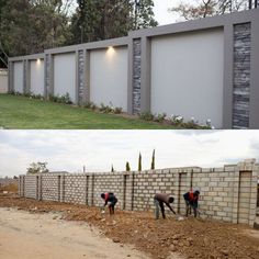 two pictures side by side one with people working on the wall and another with bricks