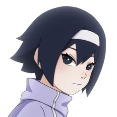 an anime character with black hair and blue eyes, wearing a purple hoodie looking at the camera