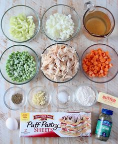 the ingredients to make this dish include carrots, peas, and chicken