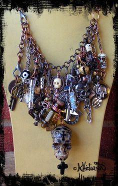 Day of the Dead Charm Bracelet is Made From Found Objects and Can Convert to a Necklace - Karen Hickerson Altered Art Voodoo Jewelry, Handmade Skull Jewelry For Collectors, Skull Bead Jewelry, Gothic Jewelry Box, Vintage Assemblage Jewelry Silver, Steampunk Jewelry With Vintage Charm, Steampunk Metal Jewelry With Vintage Charm, Assemblage Doll Necklace, Altered Art Jewelry