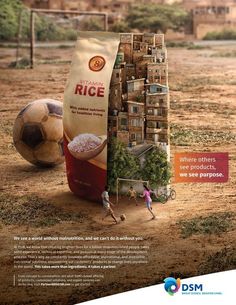 an advertisement for rice in the middle of a field with people playing soccer on it