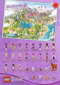 the lego friends movie poster is displayed on a purple background with an image of people and animals