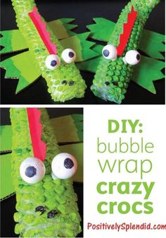 bubble wrap crazy crocs with eyes and nose on them, made from green paper