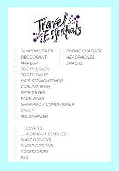 the travel essentials list is shown in blue and white with black lettering on it