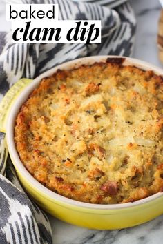 baked clam dip in a yellow dish on a marble surface with text overlay