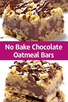 no bake chocolate oatmeal bars are stacked on top of each other