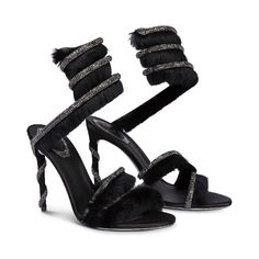 VCSHOES Rhinestone Fur Snake Wrap Strap Ankle Sandals Women's Shoes Party Banquet Stiletto High-heel Bride Wedding black-36 High Sandals, Shoes Party, Pointy Toe Heels, Ankle Sandals, Jeweled Sandals, Faux Fur Boots, Rene Caovilla, Fur Boots, High Heels Stilettos