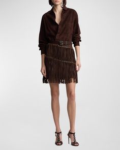 Ralph Lauren Collection "Brielle" lamb suede skirt with fringe detail    Mid waist    Straight silhouette    Mini length    Side zip    Cupro/elastane lining    Imported Fringe Mini Skirt, Skirt With Fringe, Designer Ralph Lauren, Suede Skirt, Ralph Lauren Collection, Suede Fringe, People Dress, American Design, Lifestyle Brands