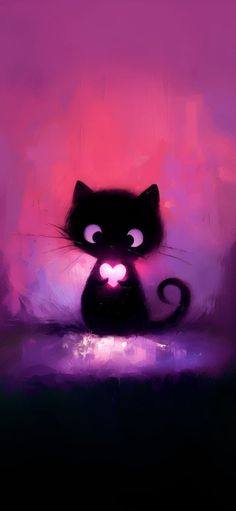 a painting of a black cat with glowing eyes