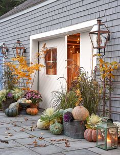 an outdoor area with pumpkins and flowers on the ground next to a house,