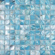 blue glass mosaic tile with white and gray squares on it's sides, as well as an image of shells in the middle