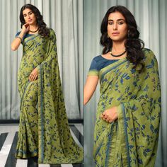 Mehendi Green colored saree is prettified with beautiful floral printed work as shown which makes it appear classy. This saree is made of georgette fabric which is accompanied with georgette blouse piece which you can customise as per your design/style. Women can buy this saree to wear for their casual and daily. Note:- The actual product may differ slightly in color and design from the one illustrated in the images when compared with computer or mobile screen. Measurements: Saree : Georgette : Green Chiffon Saree With Dupatta, Traditional Green Chiffon Saree, Elegant Green Chiffon Saree, Unstitched Chiffon Saree With Floral Print, Unstitched Chiffon Saree With Printed Border, Green Wedding Blouse Piece With Printed Border, Wedding Green Blouse Piece With Printed Border, Wedding Green Blouse With Printed Border, Green Chiffon Saree For Wedding