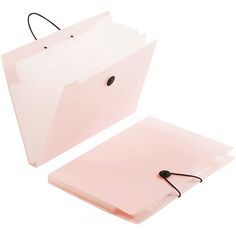 a pink folder with a black cord attached to it