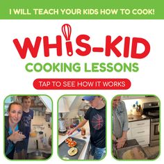 an advertisement for the children's cooking lesson with pictures of kids in kitchen area