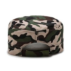 the camo bucket hat is made from cotton and has an adjustable brimmed visor