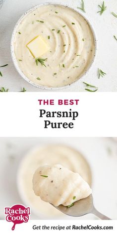 the best parsnip pure recipe is in a white bowl with a spoon