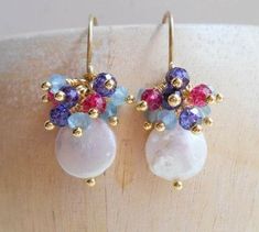 Coin Pearls, Pearl Bridal, September Birthstone, Earrings Blue, Cluster Earrings