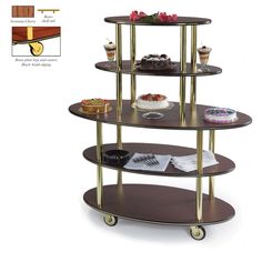 a three tiered cake stand with cupcakes on top and other desserts