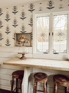 a kitchen with two stools next to a counter top and wall paper on the walls