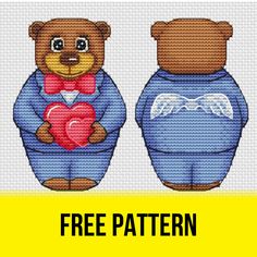 a cross stitch teddy bear holding a heart with the words free pattern on it, in front of a yellow background