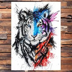 a painting of a tiger with colorful paint splattered on it