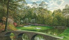 a painting of a golf course with a bridge over water and trees in the background