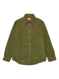 olive green stretch-cotton corduroy embroidered logo at the chest classic collar front button fastening long sleeves buttoned-cuff sleeves straight hem D Initial, Diesel Shirts, Dress With Jean Jacket, Baby Boy Accessories, Baggy Style, Dolce And Gabbana Kids, Jean Belts, Boys Accessories, Suits Coats