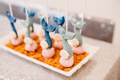 there are some little cake pops on a plate with seahorses and seashells