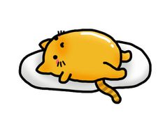 a yellow cat laying on top of a white plate with an egg in the middle