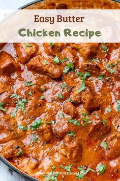 easy butter chicken recipe in a skillet with parsley on top and text overlay