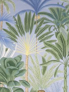 an image of a jungle scene with palm trees and other tropical plants in pastel colors